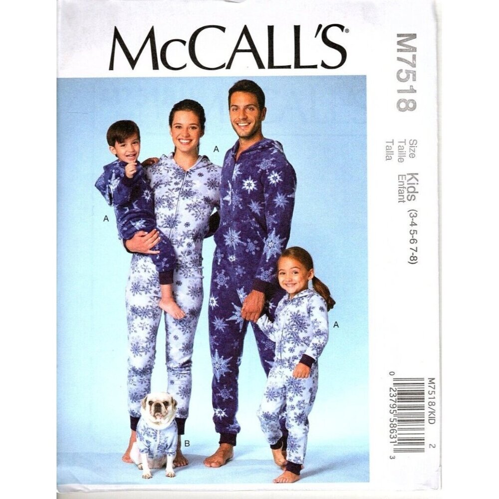 McCall's M7518 Adult S to XL One Piece Jumpsuit Pajamas, Dog Coat Pattern